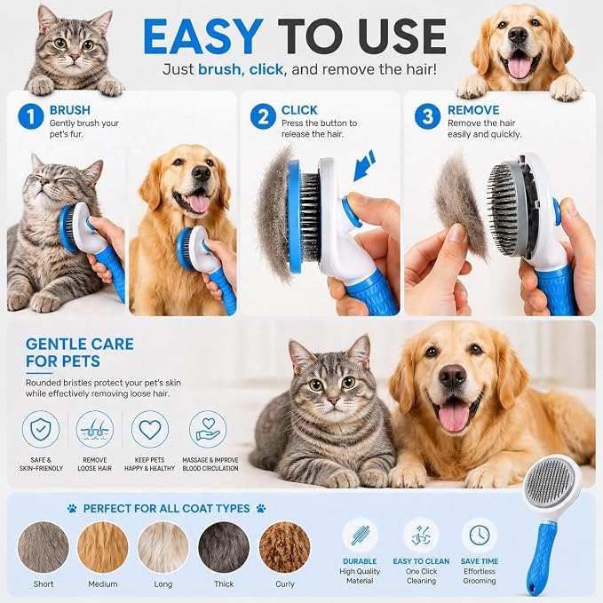 Pet Grooming Deshedding Brush, Self-Cleaning Massaging Brush for Dogs and Cats, Short and Long Hair (Blue)
