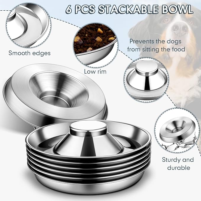 Zopeal 6 Pcs 11.8" Stainless Steel Puppy Bowls Puppy Food Feeding Bowl Dog Food Water Slow Feeder Bowls, Weaning Feeder for Litters, Small Medium Large Dogs, Pets, Multiple Puppies