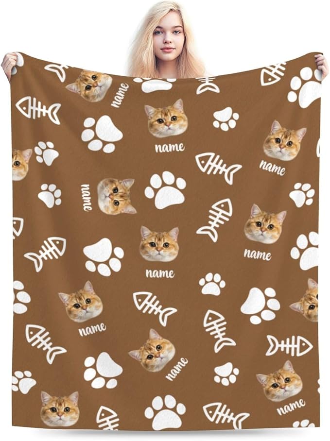 Nxwdwqa Personalized Cat Face Blanket Throws with Photos, Custom Pet Face Blanket, Cat Gifts for Pet Lovers, Customized Puppy Blanket for Adult Kid Birthday Christmas Fathers Mothers Valentines Gift