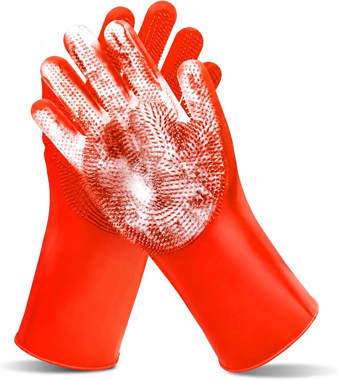 Pet Grooming Gloves—Dog Washing Gloves with High-Density Teeth, Dog Bath Scrubber with Enhanced Five Finger Design, Silicone Gloves for Dogs and Cats Bathing, Massage (Bright Red)