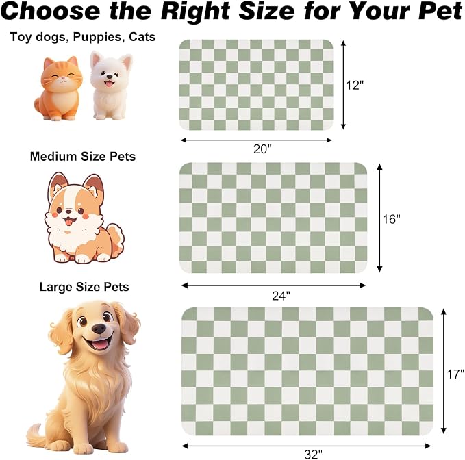 CooRug Checkered Dog Food Mat, Pet Feeding Mat 32" L x 17" W, Green | Absorbent, Leak-Proof, Anti-slip, Quick Dry, Eco-friendly Materials, Easy to clean and store, For Messy Drinkers
