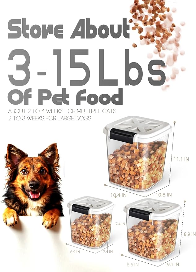 LivLab Mker 20 lb Stackable Pet Food Storage Containers, 3 Pack | Three stackable airtight bins hold 4, 6, and 10 lb for 20 lb total; includes 3 measuring cups and clear BPA-free bodies.