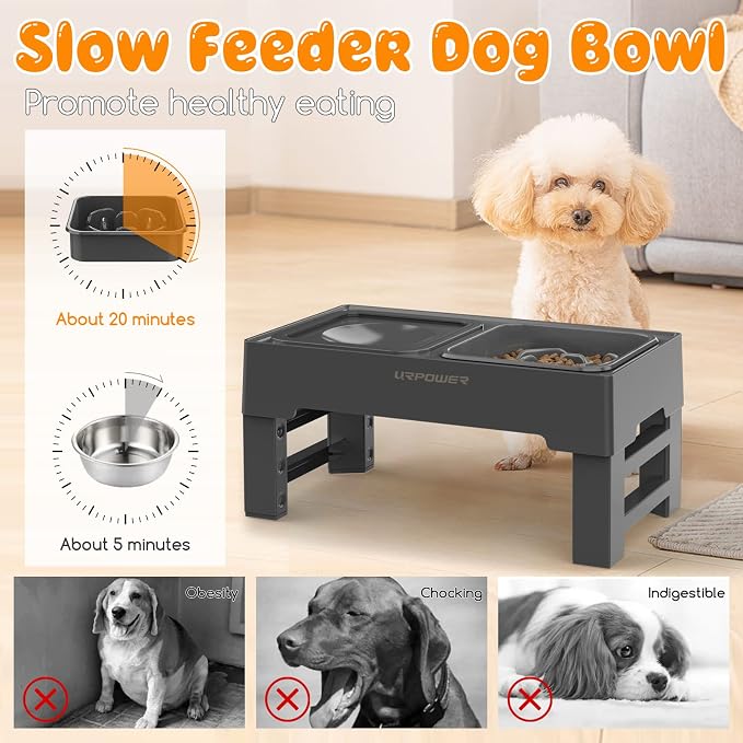 URPOWER 2-in-1 Elevated Slow Feeder Dog Bowls with No-Spill Water Bowl | 4 Height-Adjustable Raised Dog Bowls, Non-Slip Food and Water Bowls with Stand for Small, Medium, Large Dogs, Cats and Pets