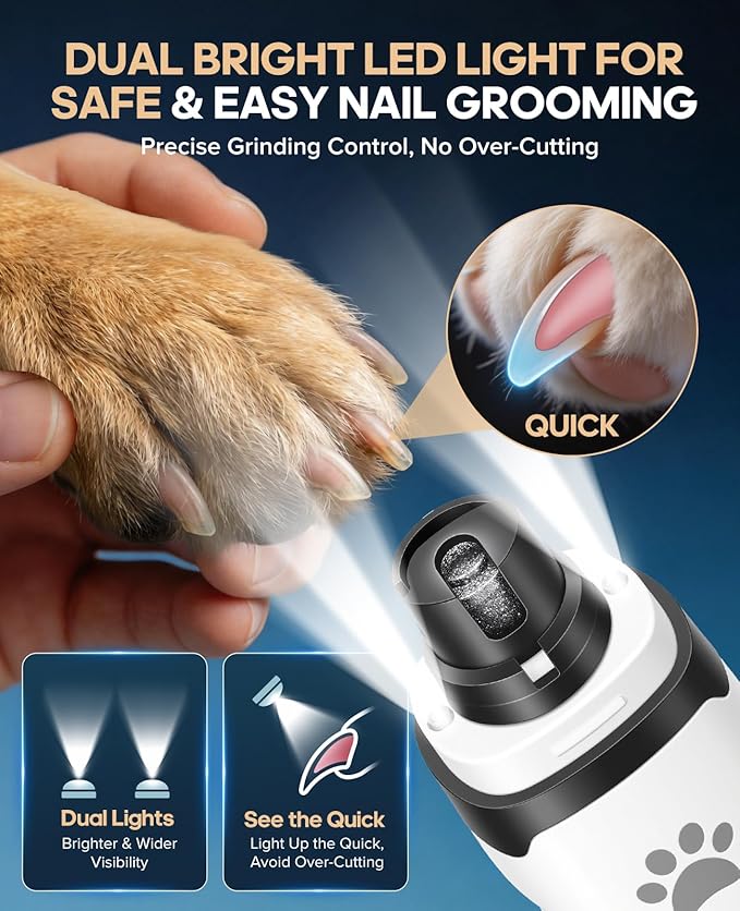 Dog Nail Grinder with 2 LED Lights | Type C 2 Speed Rechargeable Pet Nail Trimmer, Quiet for Paw Grooming, Powerful Painless Claw Clipper Kit