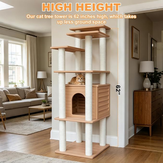 62"Tall Outdoor Cat Tree,Weatherproof Large Cat Condo with Scratching Posts | Khaki Multi-Level Cat Tree Design,Polypropylene Scratching Posts,Suitable for Indoor and Outside Use,Easy to Assemble CTT-10