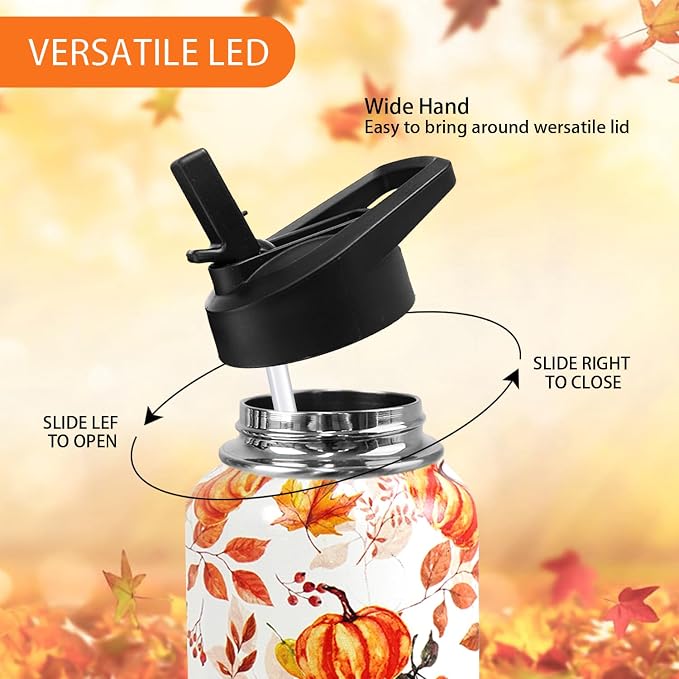 32oz Fall Pumpkin Stainless Insulated Aater Water Bottle with Straw,Autumn Gym Hiking Sports Coffee Mug Cup Water Bottles,Fall Decor Stuff Accessories