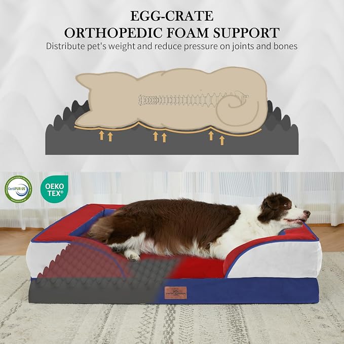 Comfort Expression Orthopedic Dog Bed for Extra Large Dogs with Bolster | Waterproof Dog Couch Bed with Washable Cover & Non-Slip Bottom, Supportive Egg Crate Foam XL Pet Bed, 42x30 Inch