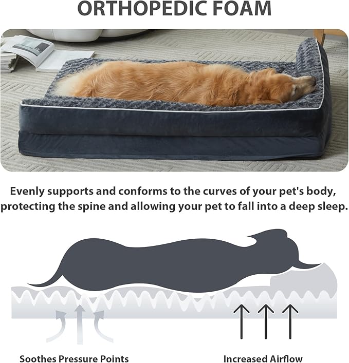 BFPETHOME Extra Large Orthopedic Dog Bed, L-Shaped Pet Bed for Dogs up to 100 lbs, Waterproof, Removable Washable Cover, Non-Slip Base, 48 x 35 x 7.5 inches, Dark Grey | Deluxe Plush Rose Velvet Washable Cover, Egg Crate Foam Support, Waterproof Lining...
