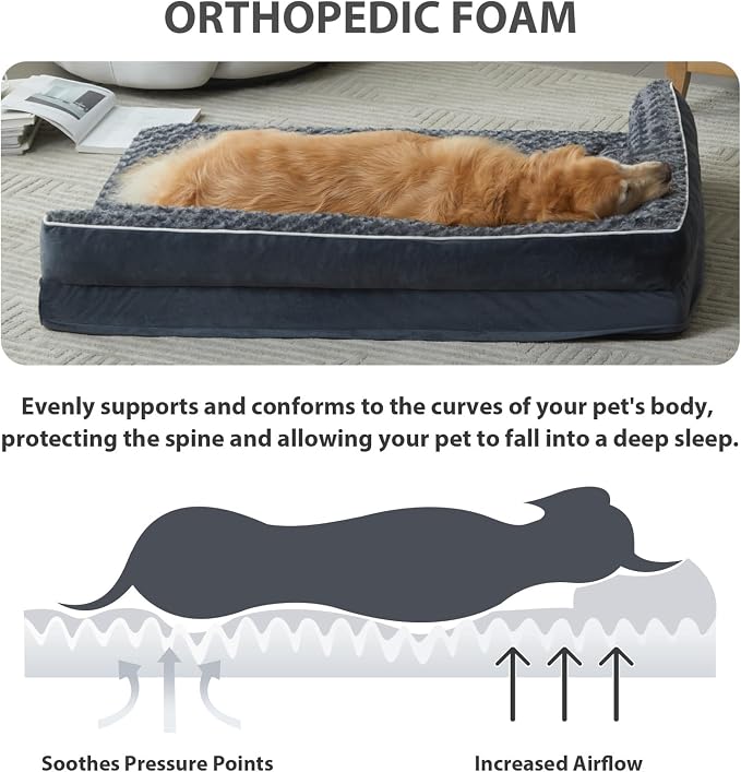 BFPETHOME Orthopedic Washable Dog Bed, Sleeping Couch for Large Senior Dogs | Deluxe Plush Rose Velvet Washable Cover, Egg Crate Foam Support, Waterproof Lining, Non-Slip Bottom, Senior Dogs