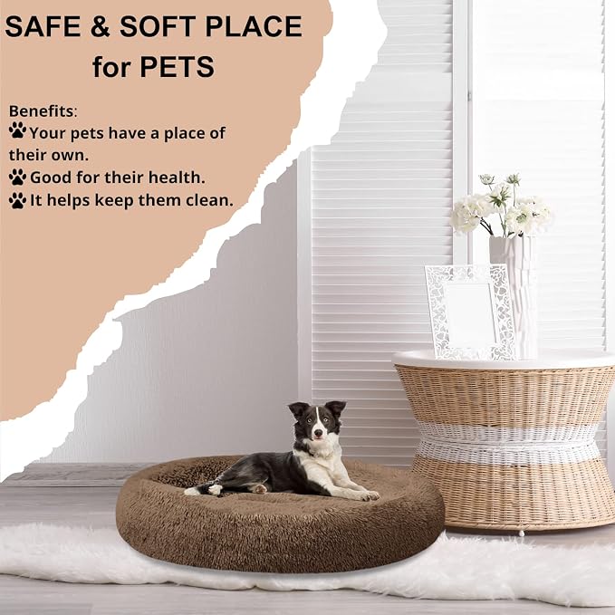 SAVFOX 54 inches Calming Donut Dog Bed - 3X Durable Plush Faux Fur, Machine Washable & Non-Slip, Fits up to 210 lbs, Removable Cover, Brown
