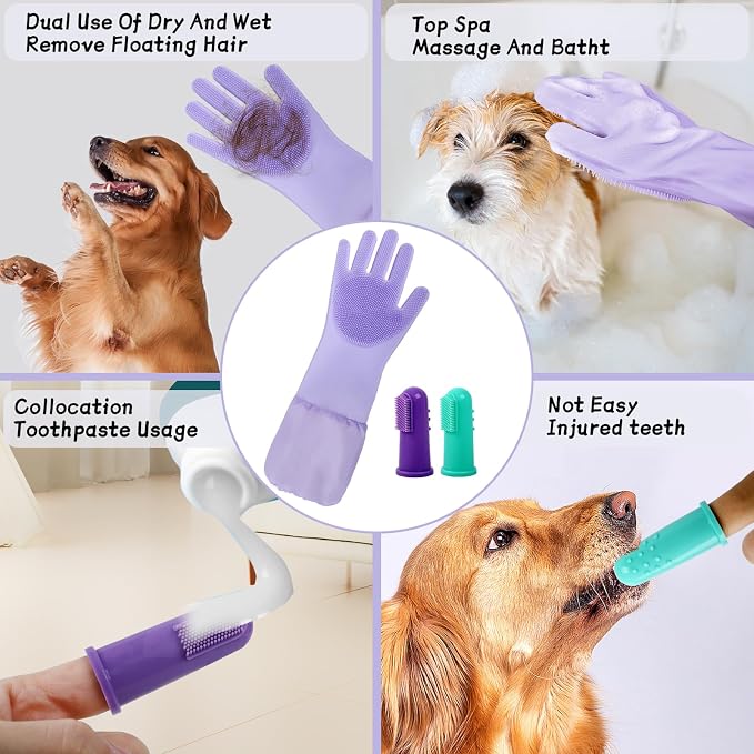Dog Washing Gloves & Hair Remover for Cats and Dogs,Dog Bath Gloves with Extended Length,Comfortable Dog Bath Gloves for Gentle Bathing Efficient, Multifunctional Silicone Pet Gloves(Purple