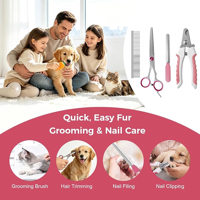 11 Piece Dog Grooming Kit - Hair, Nail, Massage Bath Supplies For Pets Cats | slicker dog brush for shedding，comb, undercoat rake, nail clipper tool, towel, scrubber gloves, scissors, all in one fur care