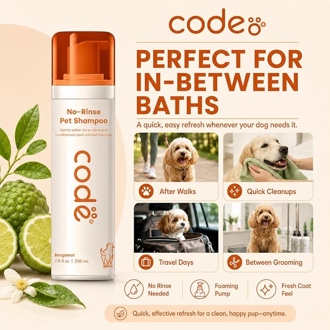 No-Rinse Pet Shampoo Foam, Waterless Dog Shampoo with Oatmeal, Aloe & Chamomile, Dog Shampoo Sensitive Skin, Hypoallergenic Dry Shampoo for Dogs, Bergamot Scent, 7.8 fl oz
