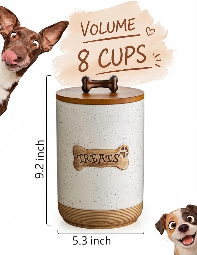 Miamolo Dog Treat Jar Ceramic Dog Treat Container with Wooden Lid, 8 Cups Airtight Dog Food Storage Container for Countertop, Farmhouse Dog Biscuit Jar Gift for Dog Lovers - Bone Dotted White