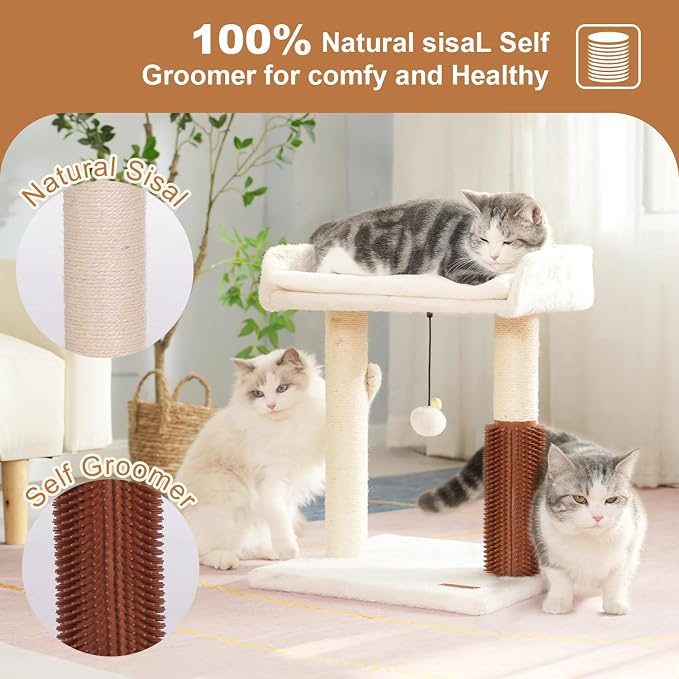 Cat Scratching Post Small Cat Tree with Cat Self Groomer, 15.7x13.7” Wide Top Bed, Natural Scratch Post and Danging Ball Great for Kittens and Average Indoor Cats-Medium Beige