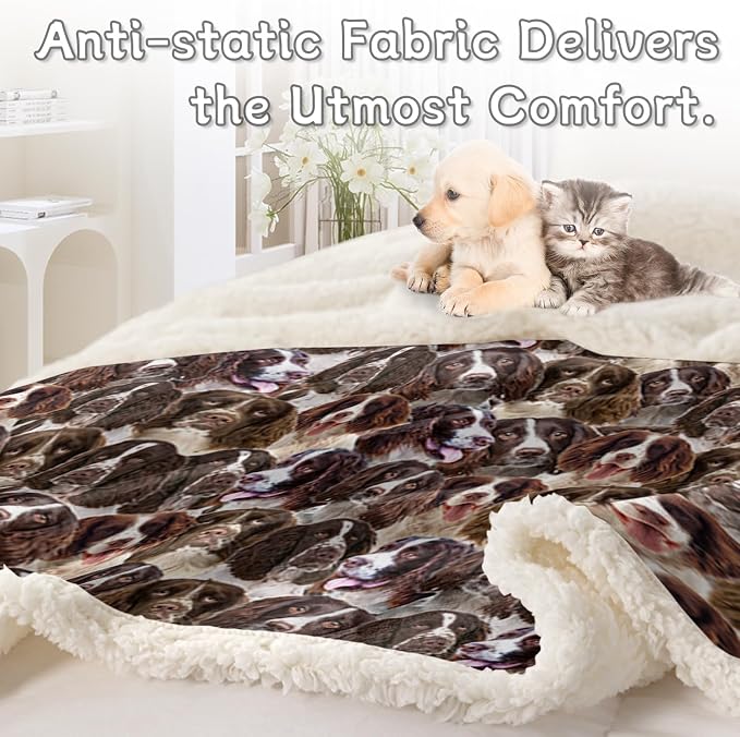 BlessLiving Fuzzy Dog Blanket for Kids Adults Puppy Lovey Fleece Blanket Reversible Animal Pattern Sherpa Throw (English Springer Spaniel, 60 x 80 Inches)