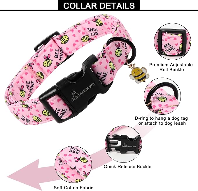 ARING PET Bee Dog Collar, Cute Spring Summer Pink Yellow Honeybees Pet Collars for Puppy Small Medium Large Boy Girl Dogs-L