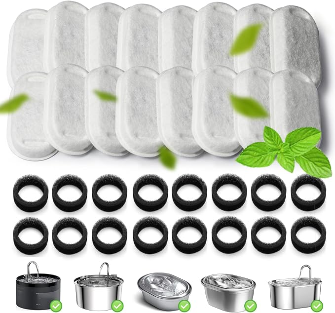 Cat Water Fountain Filters,Cat Fountain Replacement Filters for Stainless Steel 108oz/3.2L&67oz/2L Adjustable Water Flow Pet Water Fountain,Dog Water Fountain (16+16 Pack)
