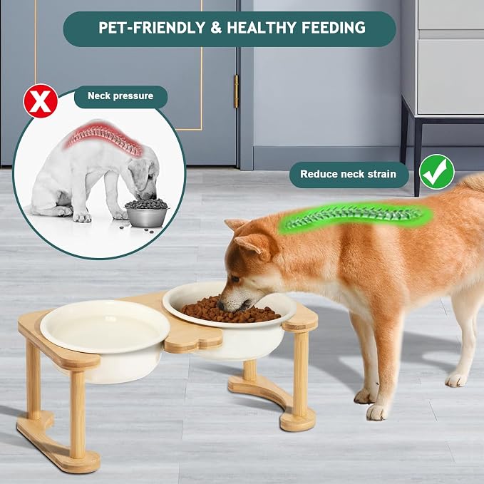 Elevated Ceramic Dog Bowl with Stand, Raised Food and Water Feed Set, Beige | Pet Dishes For Small and Medium Breeds, 6.9" Wide Double Modern Porcelain Bowls, 6.3" High Wooden Stand, Non-Slip, 28Oz/800ML