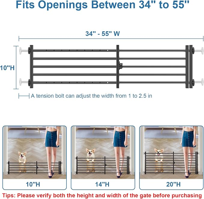 Malier Indoor Dog Gate with Door, 34-55" Extra Wide Full Metal Pet Gate Short Dog Gate for Stairs, Pressure Mount 10'' Tall Small Puppy Low Gate Easy Step Over for Doorways