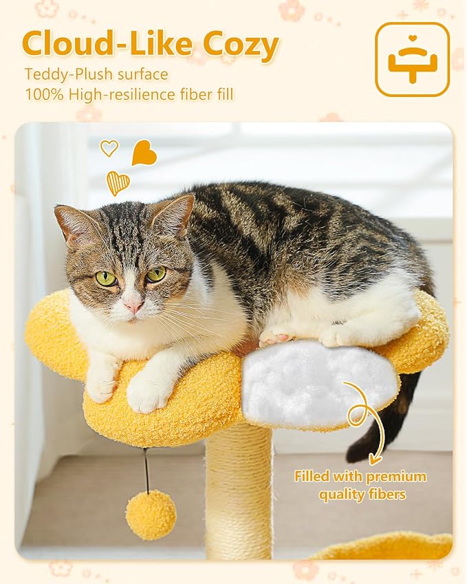 MUTTROS 28" Flower Cat Tree Cute with Flower Top Perch, Large Hammock for Indoor Small Cats, Small Cat Tower with Cute Scratching Post and Fur Toy Ball for Kittens, Yellow