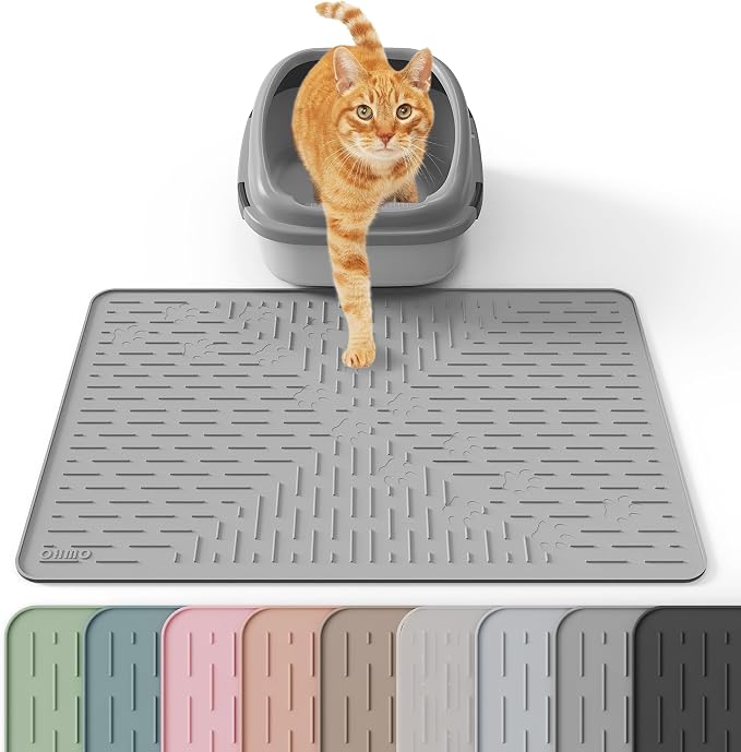 OHMO Cat Litter Mat, 23.5x16 Silicone Trapping Mat Grey | for Kitty Litter Box, Easy Clean, BPA Free Rubber, Center Litter Collection, Easy Pour-Back, Waterproof, Odor-Resistant