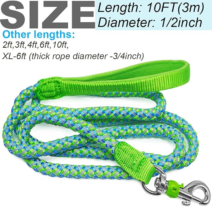 10 Foot Reflective Dog Leash Strong Nylon Rope Braided Heavy Duty for Large Medium Small Dogs Walking Training Leads (Green, 1/2")
