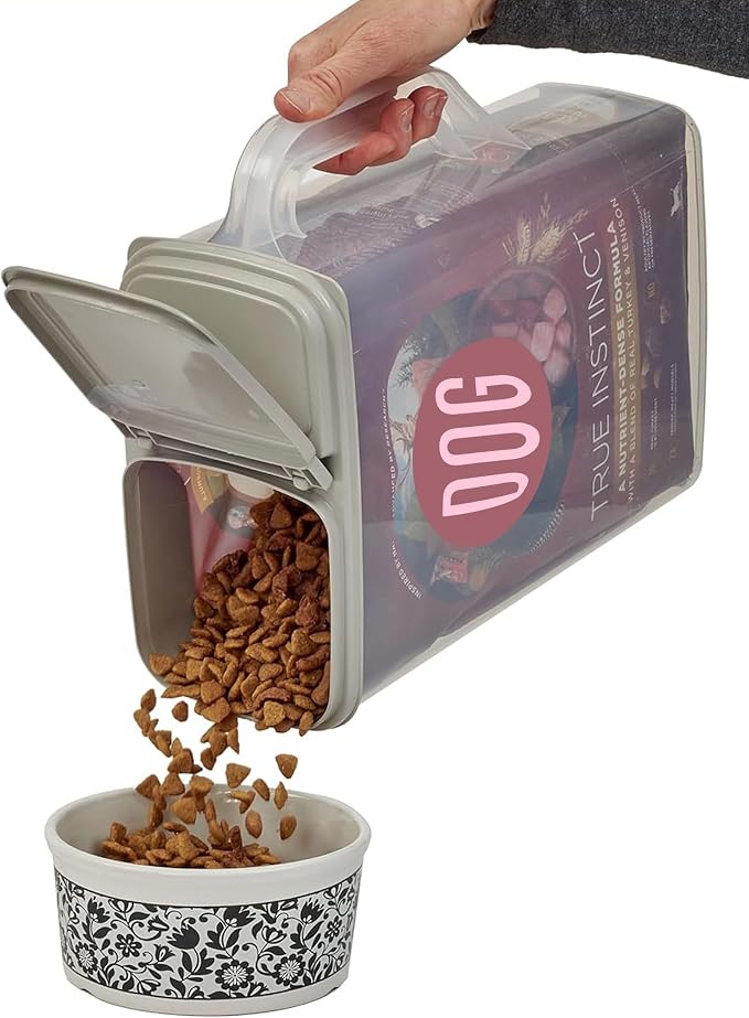Buddeez Pet Food Storage Container - 8 Quart Capacity Dog / Cat Food & Bird Seed Container with Durable EZ Grip Handle, Flip Gray Lid (includes 1 Cup Clear Scoop)