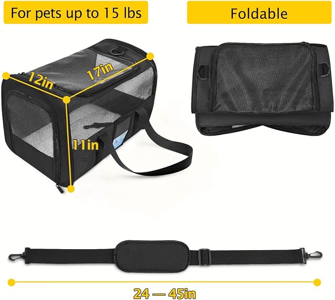 Refrze Pet Carrier Airline Approved, Cat Carriers for Medium Cats Small Cats, Soft Dog Carriers for Small Dogs, TSA Approved Pet Carrier for Cat Dog of 15 Lbs, Puppy Carrier,Black
