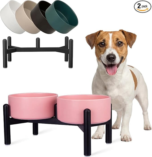 Raised Ceramic Dog Bowl Set - Elevated Double Dishes with Stainless Steel Stand - Food and Water Bowls for Small to Medium Dogs - Each Holds 3.5 Cups (29.57 fl oz) - Pink