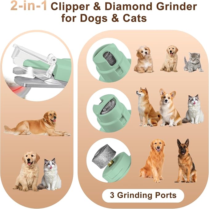 2-in-1 Dog Nail Clippers and Cat Nail Clippers with Light, Quick Sensor and Safety Guard, USB Rechargeable Pet Nail Trimmer with 2 LED Lights for Large Medium Small Dogs and Cats (Light Green)