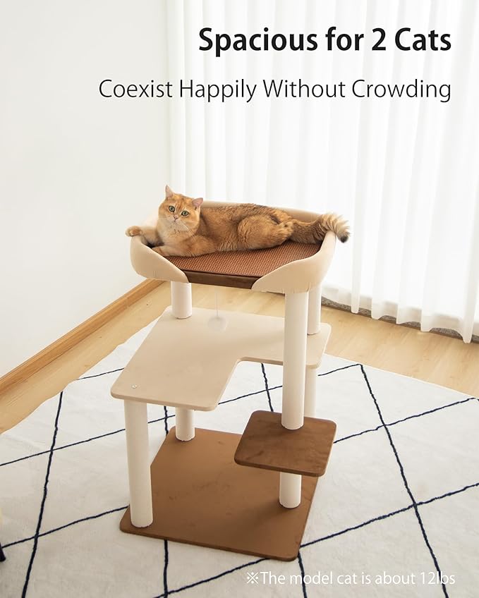 Cat Tree for Large Cats Modern Senior Friendly Wide Shelves 37.4'' | Wide shelves, cotton scratching posts, super sturdy base, cozy perch, interactive toys, luxury fabric