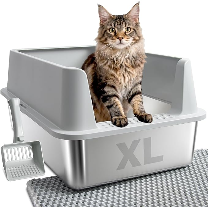 XL Stainless Steel Litter Box with High Sides, Extra Large Metal Cat Litter Box for Big Cats, Anti-Urine Leakage, Easy Clean, Non-Sticky, Includes Scoop & Mat