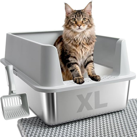 XL Stainless Steel Litter Box with High Sides, Extra Large Metal Cat Litter Box for Big Cats, Anti-Urine Leakage, Easy Clean, Non-Sticky, Includes Scoop & Mat