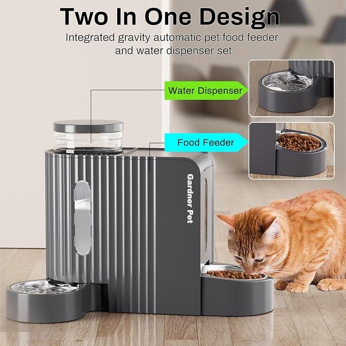 Gardner Pet Automatic Gravity Cat Food Feeder and Water Dispenser Stainless Steel Two-in-One Set Large Capacity Dispenser for Pets Dogs, Puppies, Kittens-(1.6 Gallons x 2)