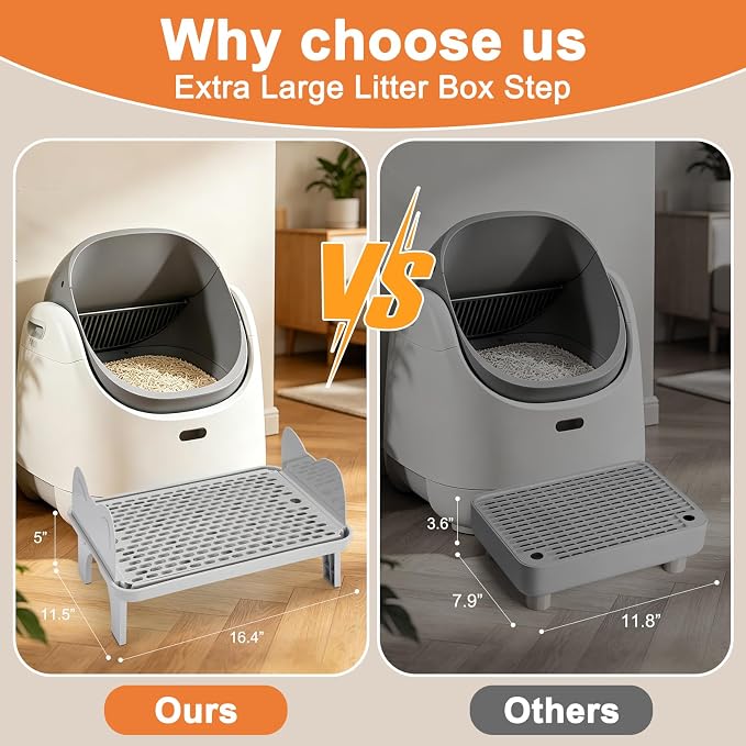 Uross Cat Litter Box Step, Extra Large Litter Box Ramp/Stairs with Detachable Splash-Proof Side Baffles, Anti-Tracking Litter Catcher, Easy to Clean, Non-Slip Step for Small & Elderly Cats (Grey)