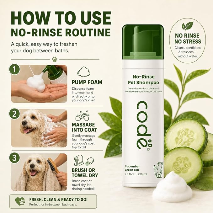 No-Rinse Pet Shampoo Foam, Waterless Dog Shampoo with Oatmeal, Aloe & Chamomile, Dog Shampoo Sensitive Skin, Hypoallergenic Dry Shampoo for Dogs, Cucumber Green Tea Scent, 7.8 fl oz