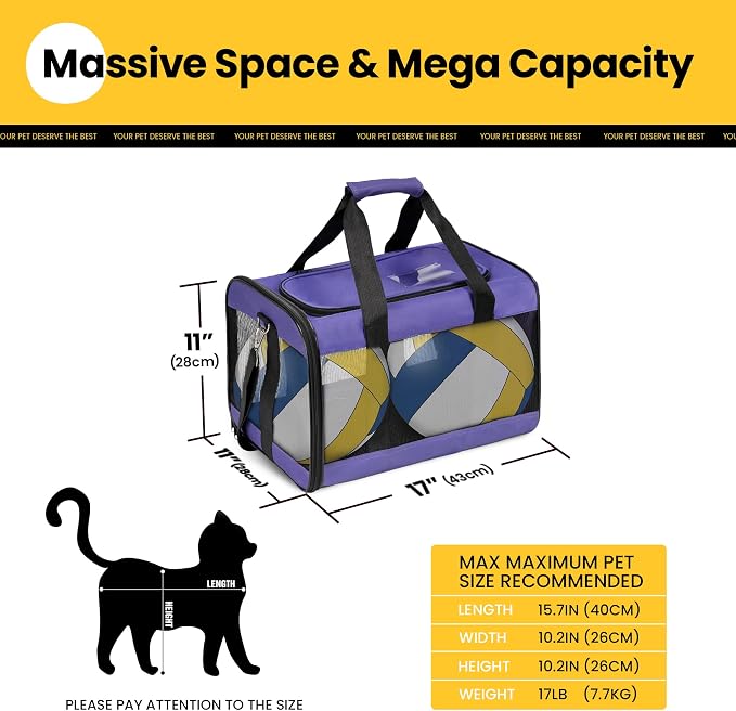 Conlun Cat Carrier Airline Approved, Soft-Sided Dog Carrier with Inner Safety Leash, Pet Transport Carrier for Small-Medium Cats Puppies up to 15 Lbs, Collapsible Travel Kitten Carrier Bag -Purple M