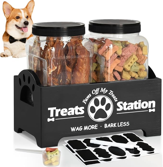 Dog Treat Container Dog Food Storage Container for Countertop, Cat Food Storage Container with 2 Plastic Dog Treat Jar, Dog Food Storage Container for Dog and Cat, Black Wooden Dog Food Container