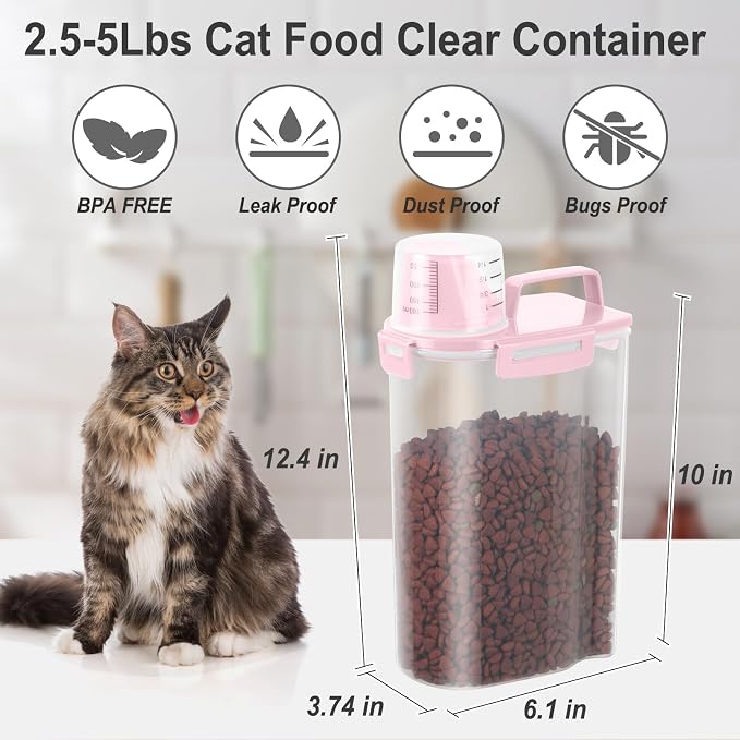 Dog Cat Food Storage Container with Cup (Pink, 2.5L (2 pack)) | Pet Food Pourable Container Airtight with Large Spout, BPA-Free Plastic Food Dispenser for Pet Food, Bird Seed, Rice, Flour