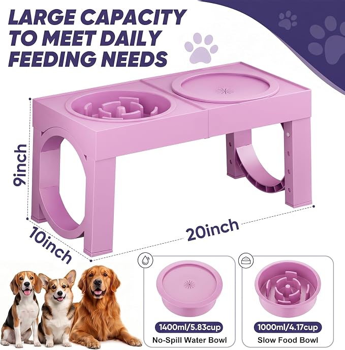 XIAZ Elevated Dog Bowls Large Breed Raised Dogs Bowl Stand Large/Medium Sized Dog Slow Feeder Dogs Bowls Food Water Stands 5 Heights Adjustable 9/11/12/14in Pet Feeder Dish Station