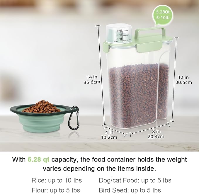 5 Lbs Pet Dog Food Storage Container for Travel Bird Seed Dispenser - Green | Portable Cat Food Containers with Collapsible Bowl 10 Lbs Rice Bin Airtight Cereal Oatmeal Flour Holder with Large Pour Spout