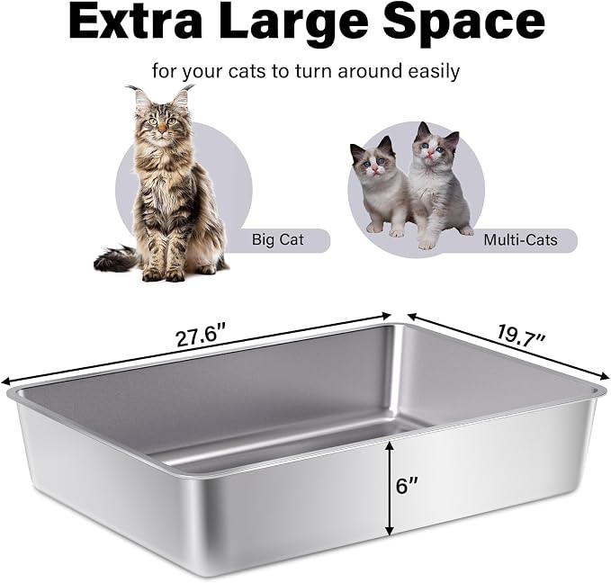 Stainless Steel Litter Box XXXL,6" Cat Litter Box Easy to Clean, XLarge Metal Litters Boxes No Smell for Large/Multiple Cats