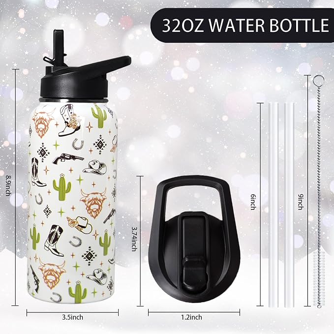 32oz Western Stainless Insulated Aater Water Bottle with Straw,Western Cow Skull Gym Hiking Sports Coffee Mug Cup Water Bottles,Western Cow Skull Cowboy Copper Cowgirl Decor Stuff Accessories
