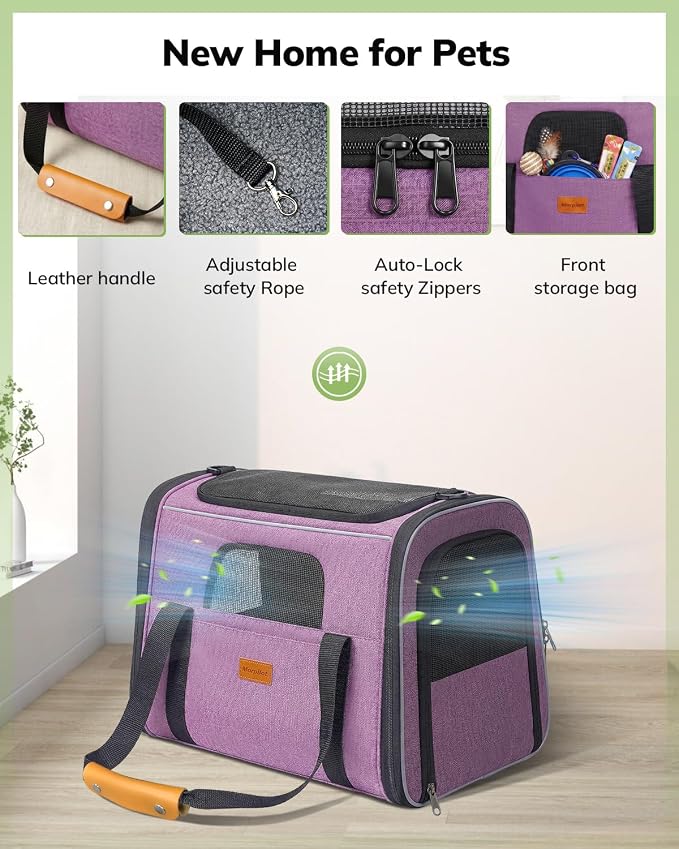 Morpilot Cat Carrier - Cat Carrier Soft for Medium or Large Cats up to 20lbs, with Dual-Sided Cushion, Secure Buckle and Foldable Bowl, Dog Carriers for Small Dogs(Purple)-17.3" L x 12.2" W x 13.4" H