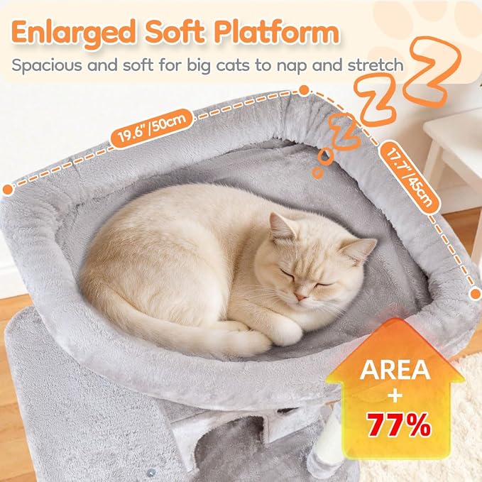 Taoqimiao Heavy Duty Cat Tree, 73In Sturdy Cat Tower for Large Cats 25lbs+ | 2 Widen Condos, Enlarged Sleeping Platform, 9 Scratching Posts, 2 Cozy Baskets, Cat Toys, Light Gray, F30W