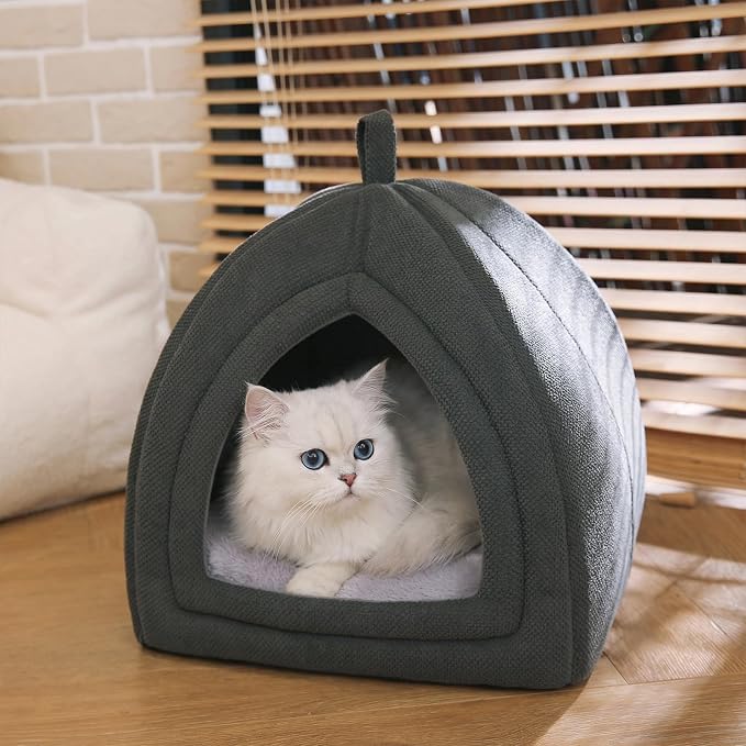 Amazon Basics Cat Cave Bed, 2-in-1 Foldable House for Indoor Cats, with Washable Cushion and Non-Slip Base, 17.5 x 17.5 Inches, Large
