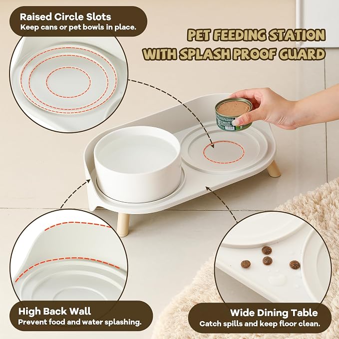 Raised Dog Feeder Bowl Stand (Without Bowls), Fits Dish up to Φ 6" | Spill Proof Elevated Dog Food Stand, Double 3 Diameters Pet Food Holder for Small and Medium Breeds and Cats, Grey