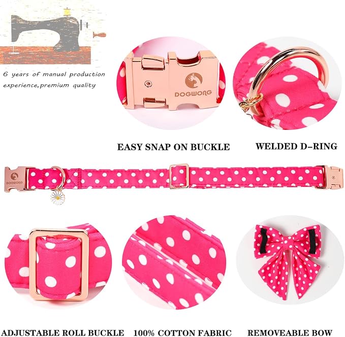 Pink Dog Collar for Girl Dogs, Spring Summer Pink Dots Dog Collar with Bowtie- Adjustable Female Sailor Bow Dog Collar for Small Dogs S