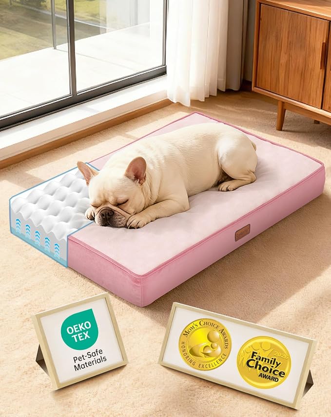 OhGeni Orthopedic Waterproof Medium Dog Bed, Memory Foam, 30 inch(Pink) | Machine-Washable Removable Cover in Easy-Clean Fabric, Reversible Memory Foam & Easy-Carry Handle, Suitable for Crate